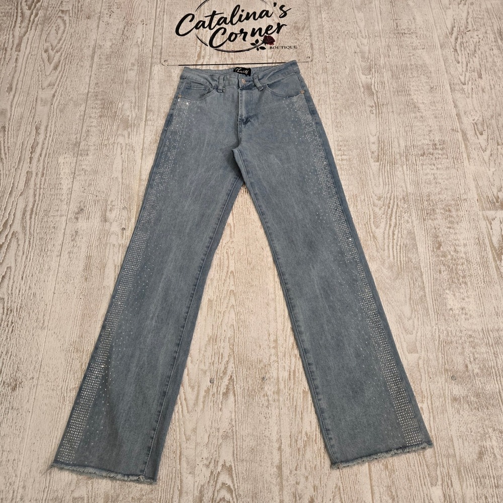Thrill Womens High Rise Rhinestone Studded Straight Leg Frayed Jeans Blue Size 3